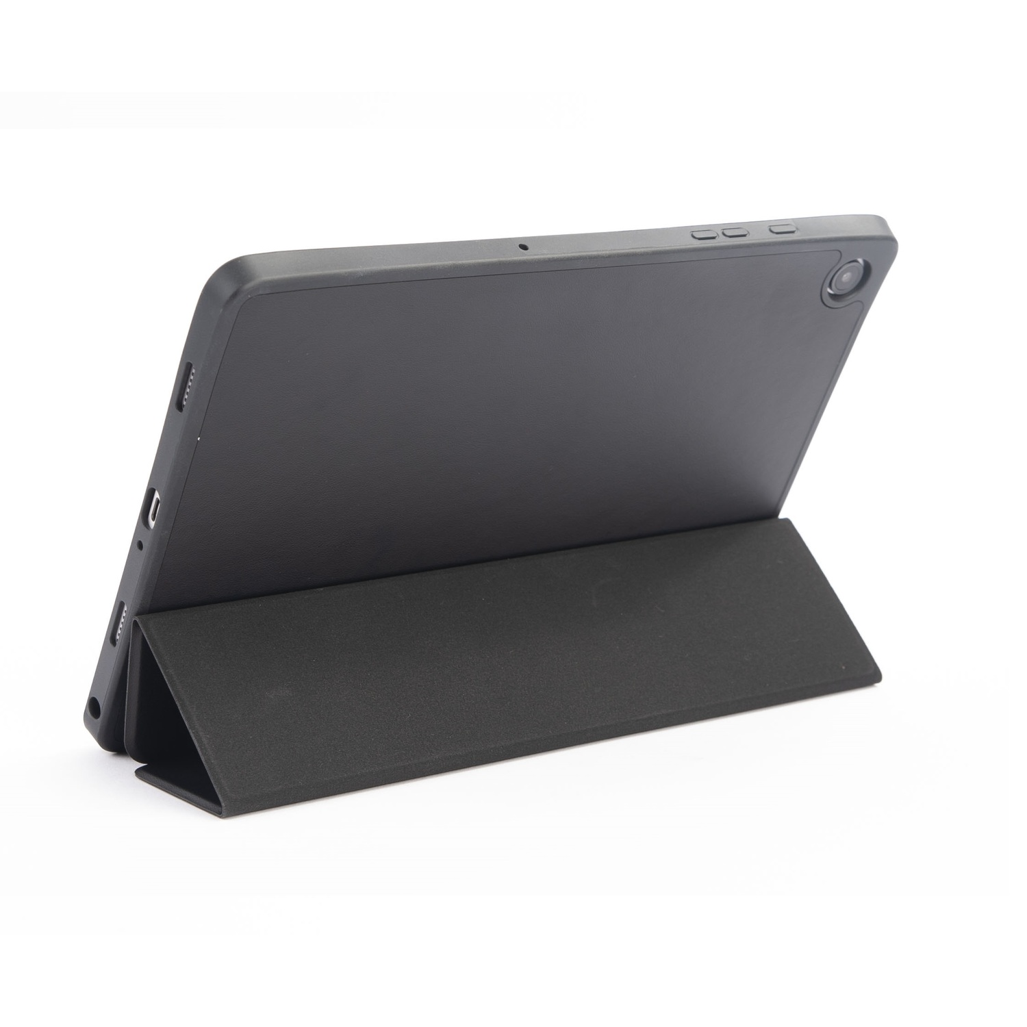 Tablette noire dans un support avec étui. Fond blanc. Port de charge visible.