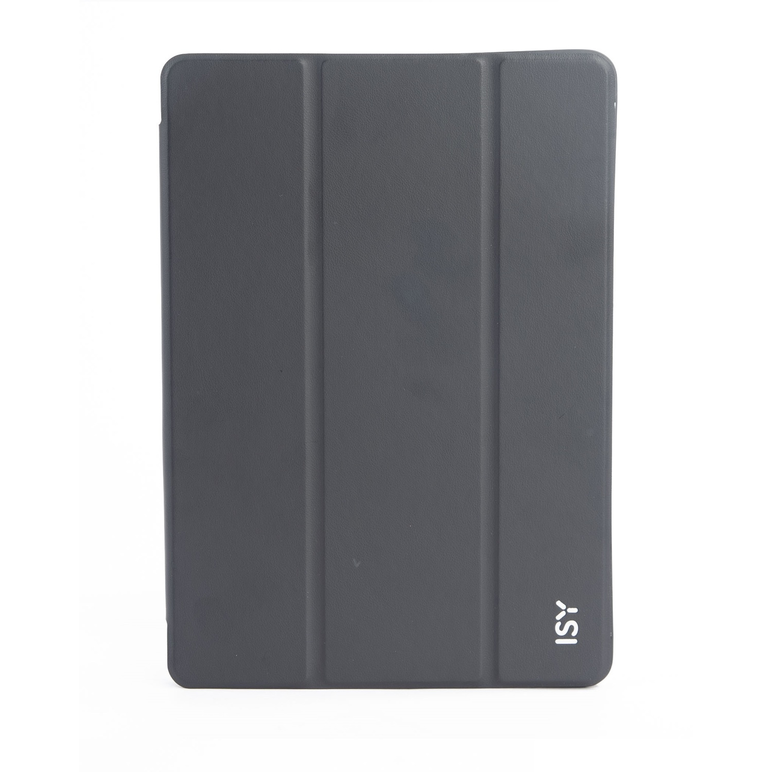 Étui de tablette gris foncé fermé. Le couvercle a trois plis verticaux et le logo de la marque.
