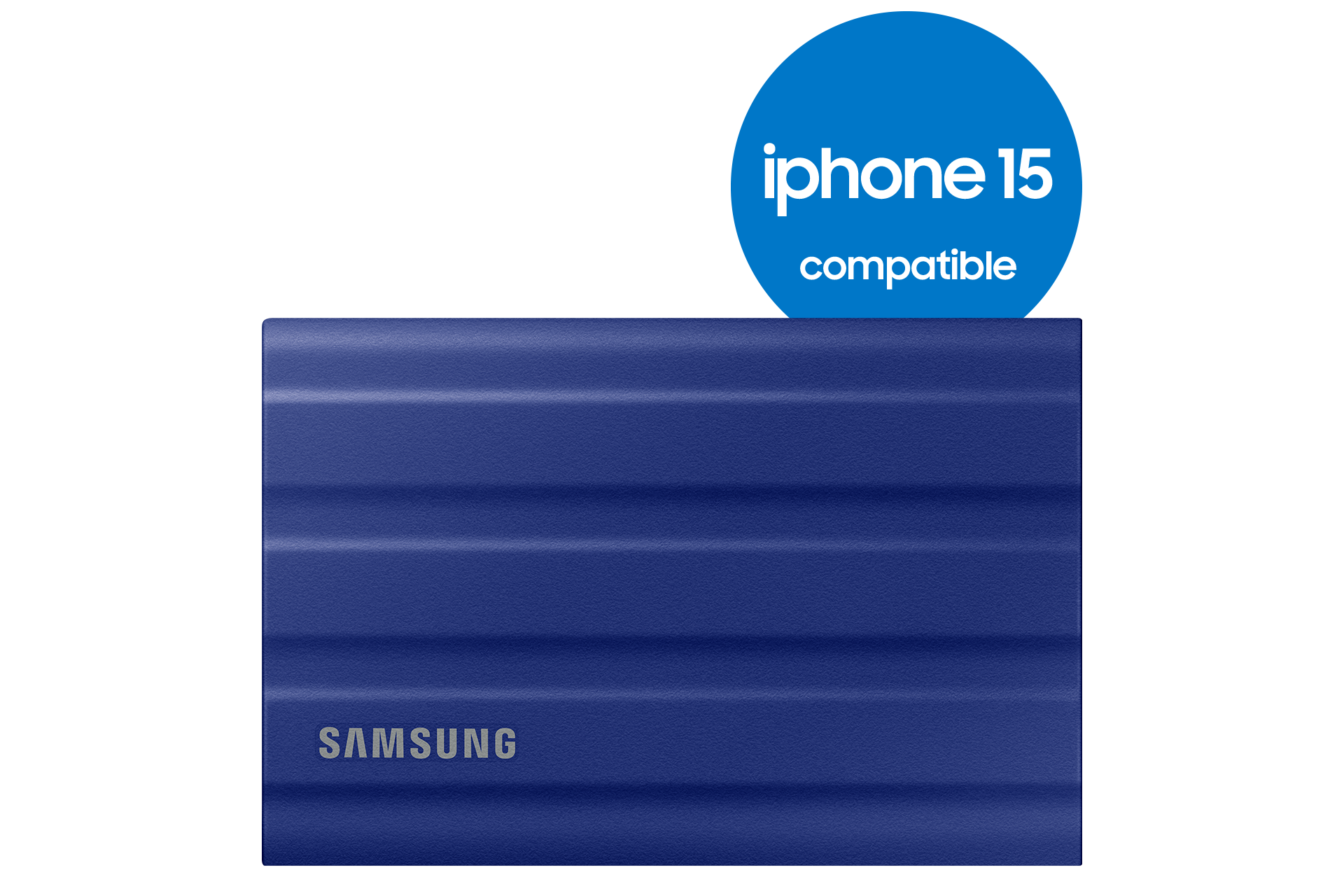 Blauwe draagbare harde schijf met "iPhone 15 compatibel" sticker en Samsung logo.
