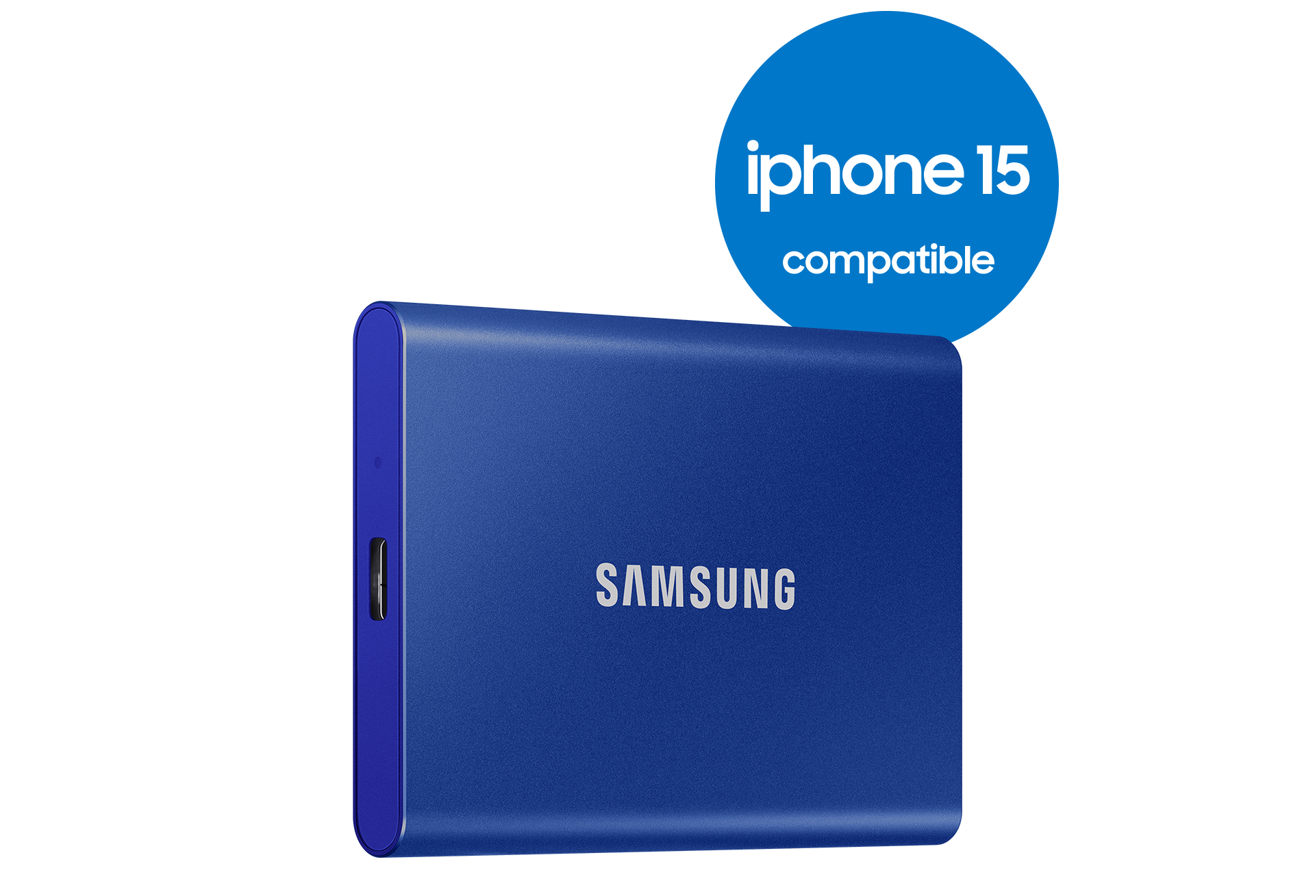 Blue portable hard drive with 'iPhone 15 compatible' badge on black background.