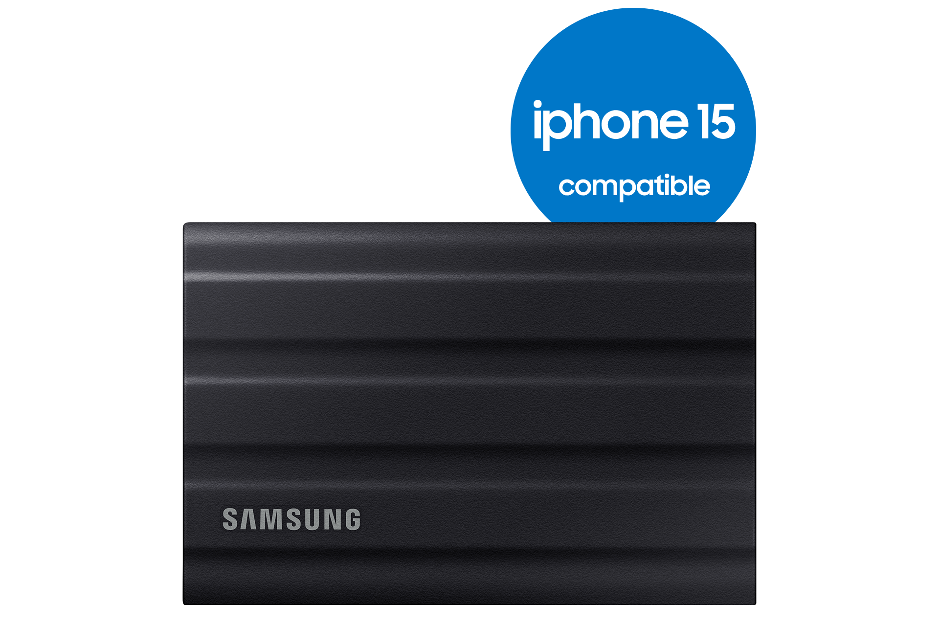 Black Samsung external hard drive with 'iphone 15 compatible' label on a black backdrop.