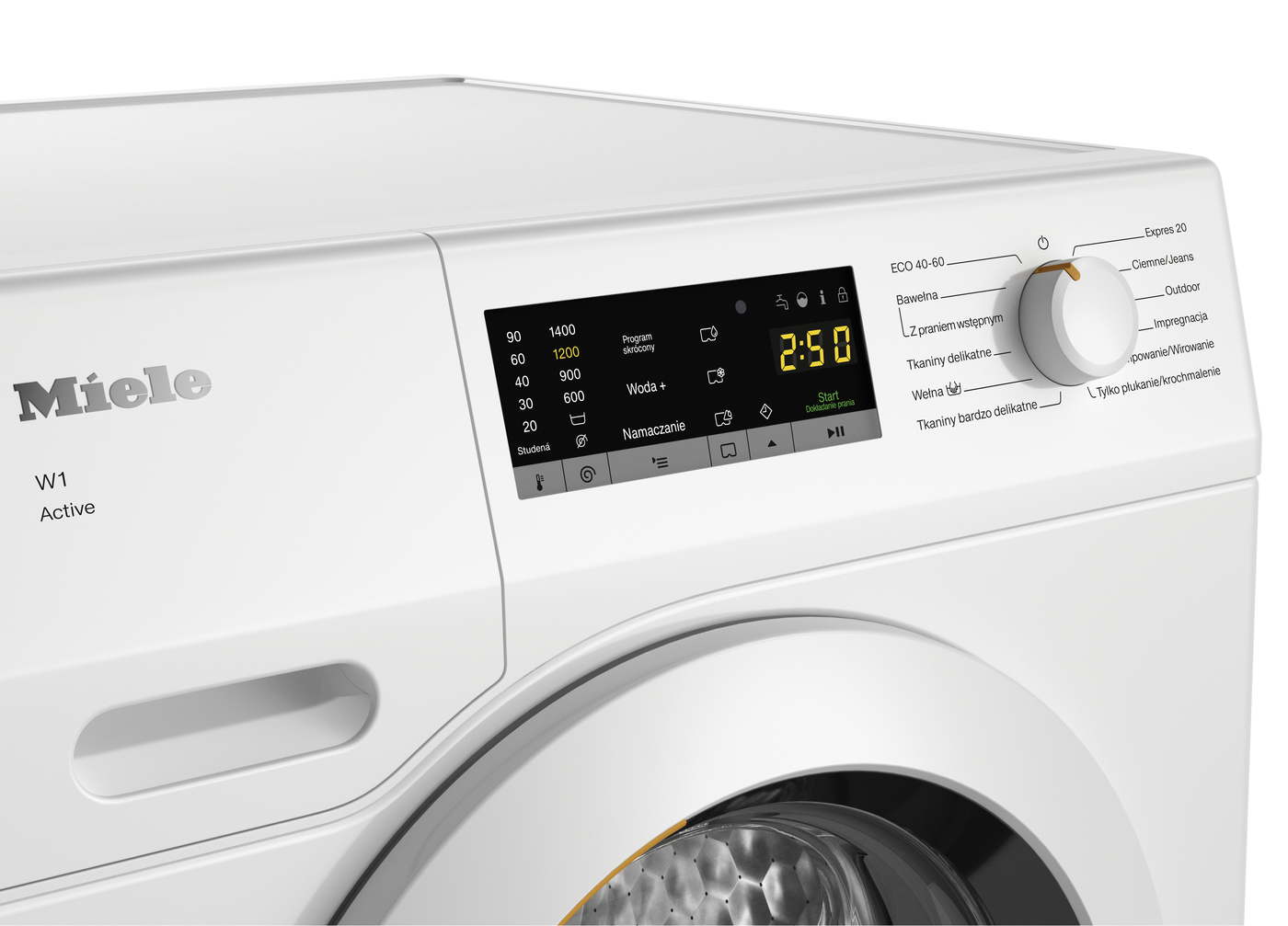 Panel sterowania białej pralki Miele z wyświetlaczem i przyciskami.