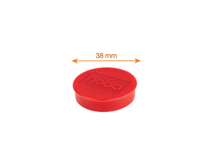 Egy kis, piros, kör alakú tárgy a 'rabo' szóval dombornyomva, 38 mm-es mérettel.