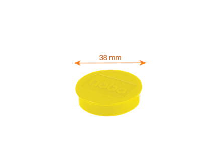 Sárga, kerek műanyag kupak, 38 mm átmérővel, fekete háttéren.