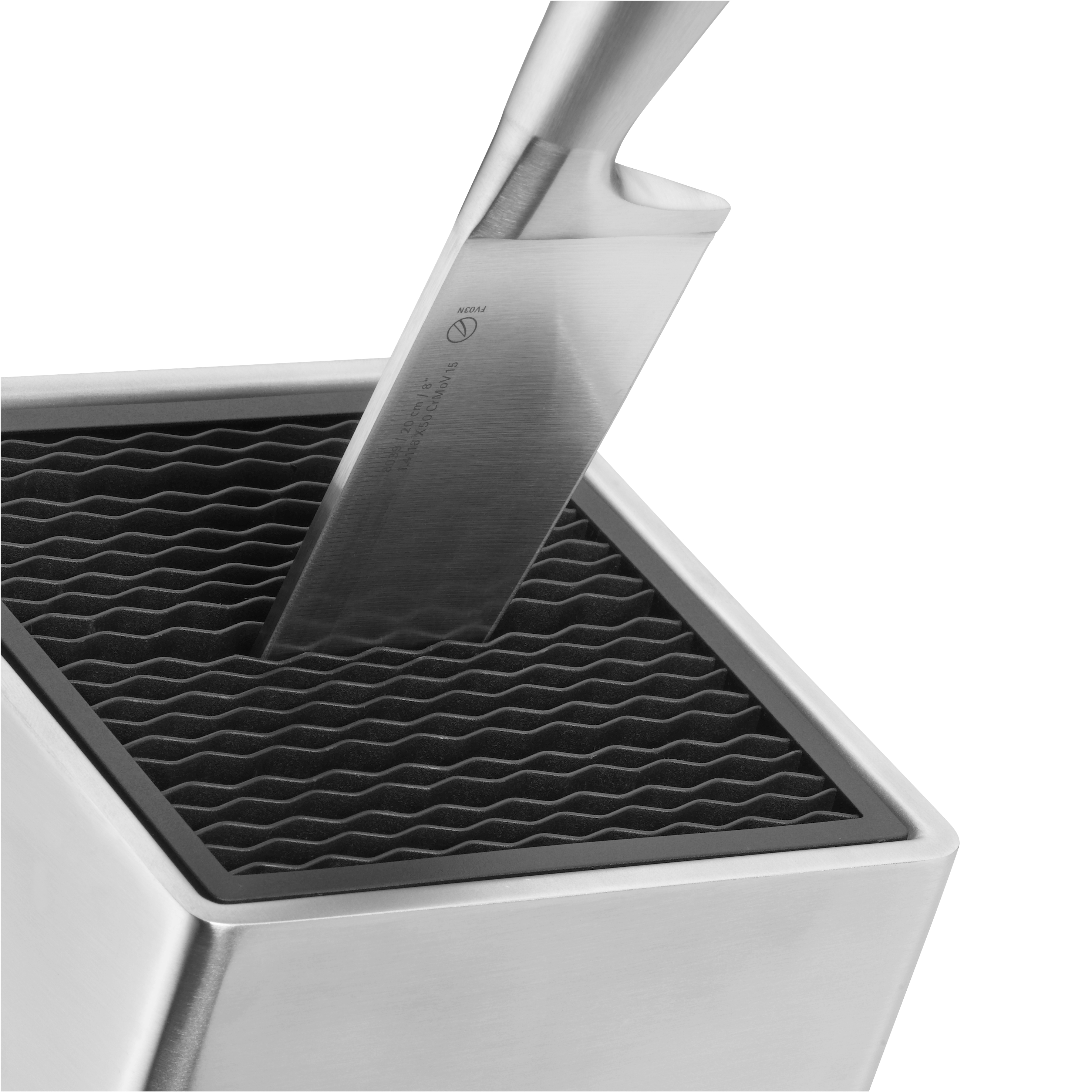 Ein Messer in einem Messerblock. Das Messer ist silber und der Block auch.