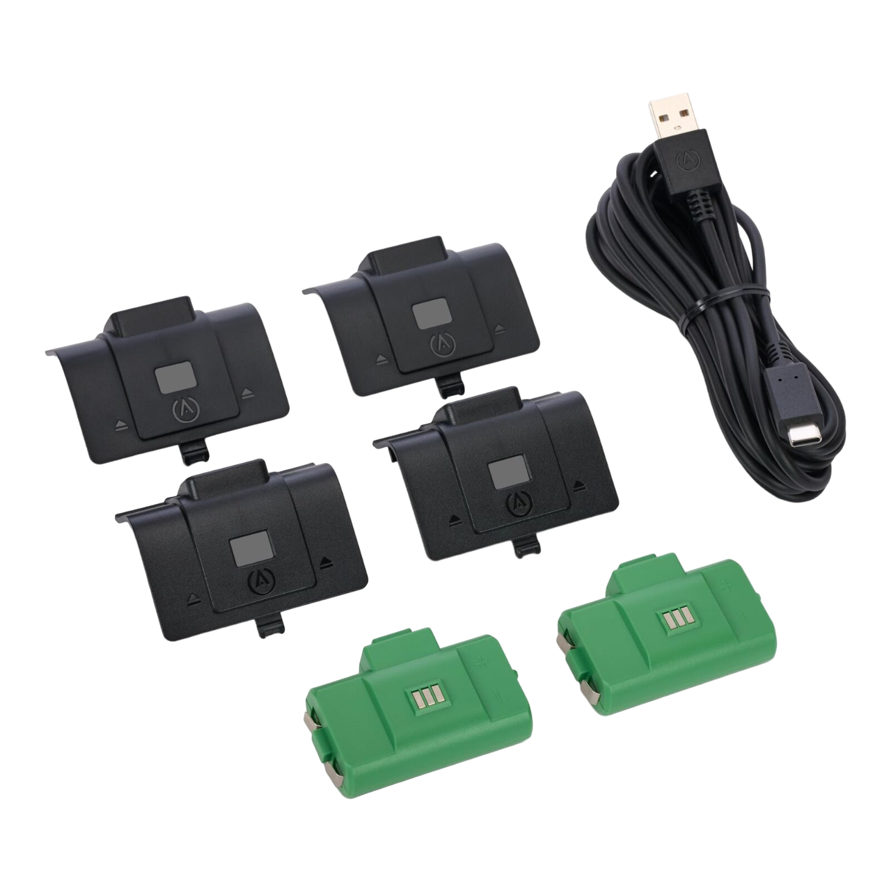 Ein Satz schwarzer und grüner Xbox-Batterieabdeckungen und ein USB-Kabel.