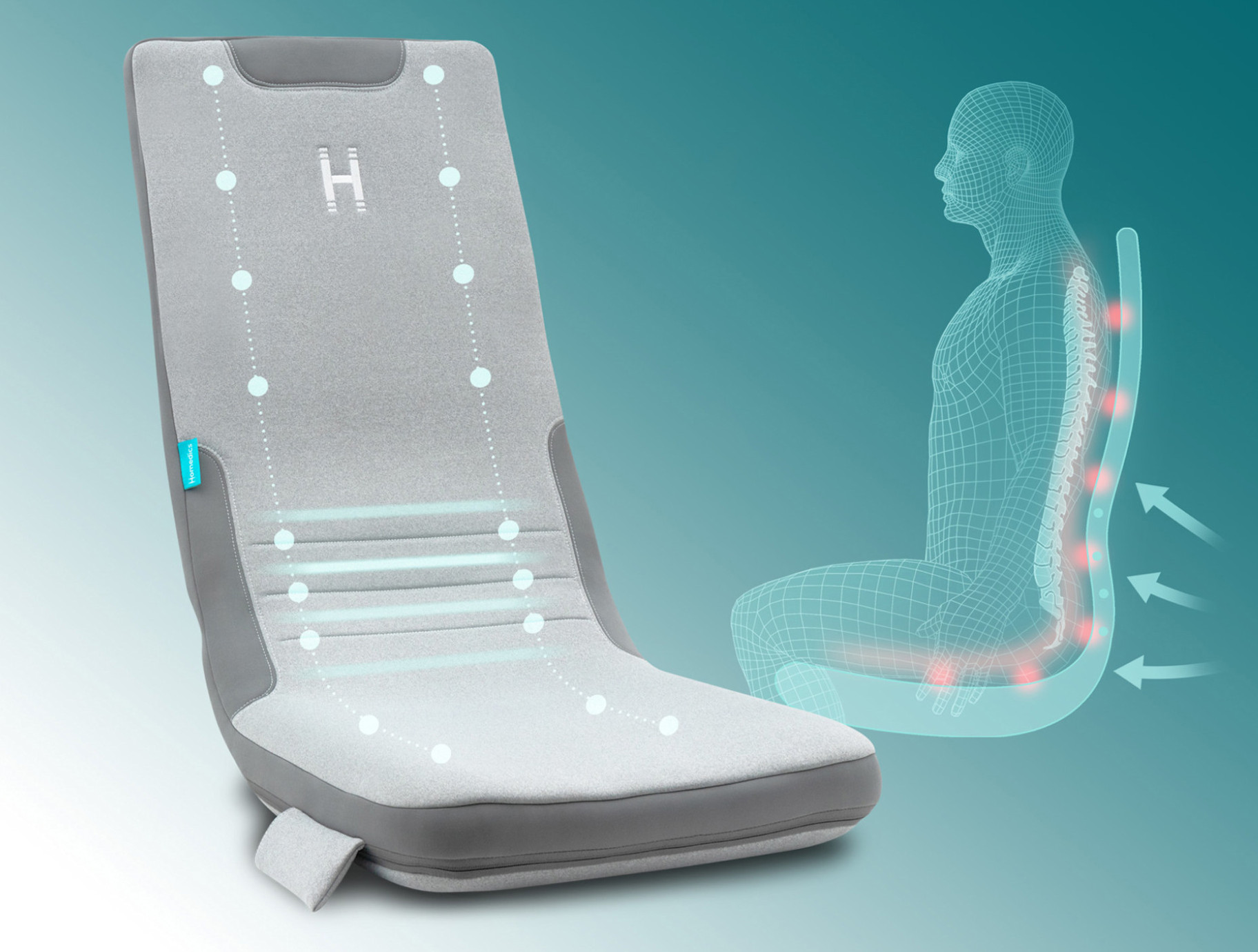 Ergonomiczne krzesło do masażu z ilustracją kręgosłupa. Użyto szarości i bieli.