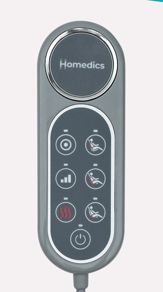 Szary pilot z przyciskami. Posiada kilka ikon i markę 'Homedics'.
