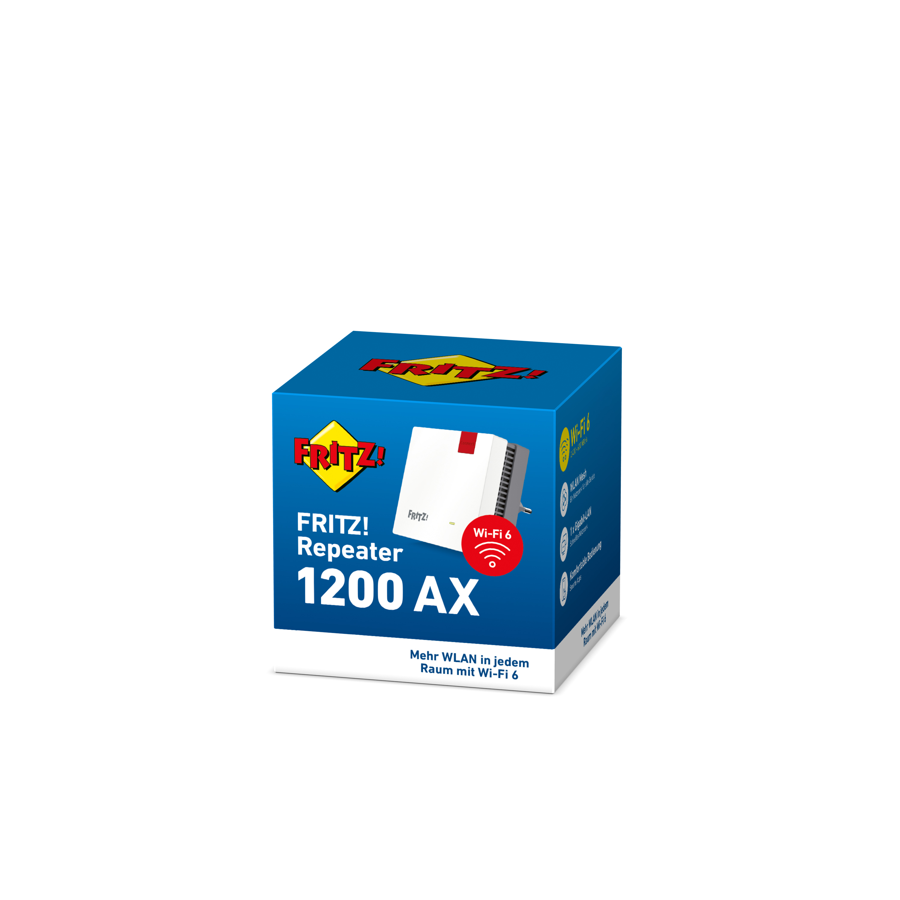 Eine weiß-blaue Box, die einen Fritz! Repeater 1200 AX und seine Funktionen zeigt.