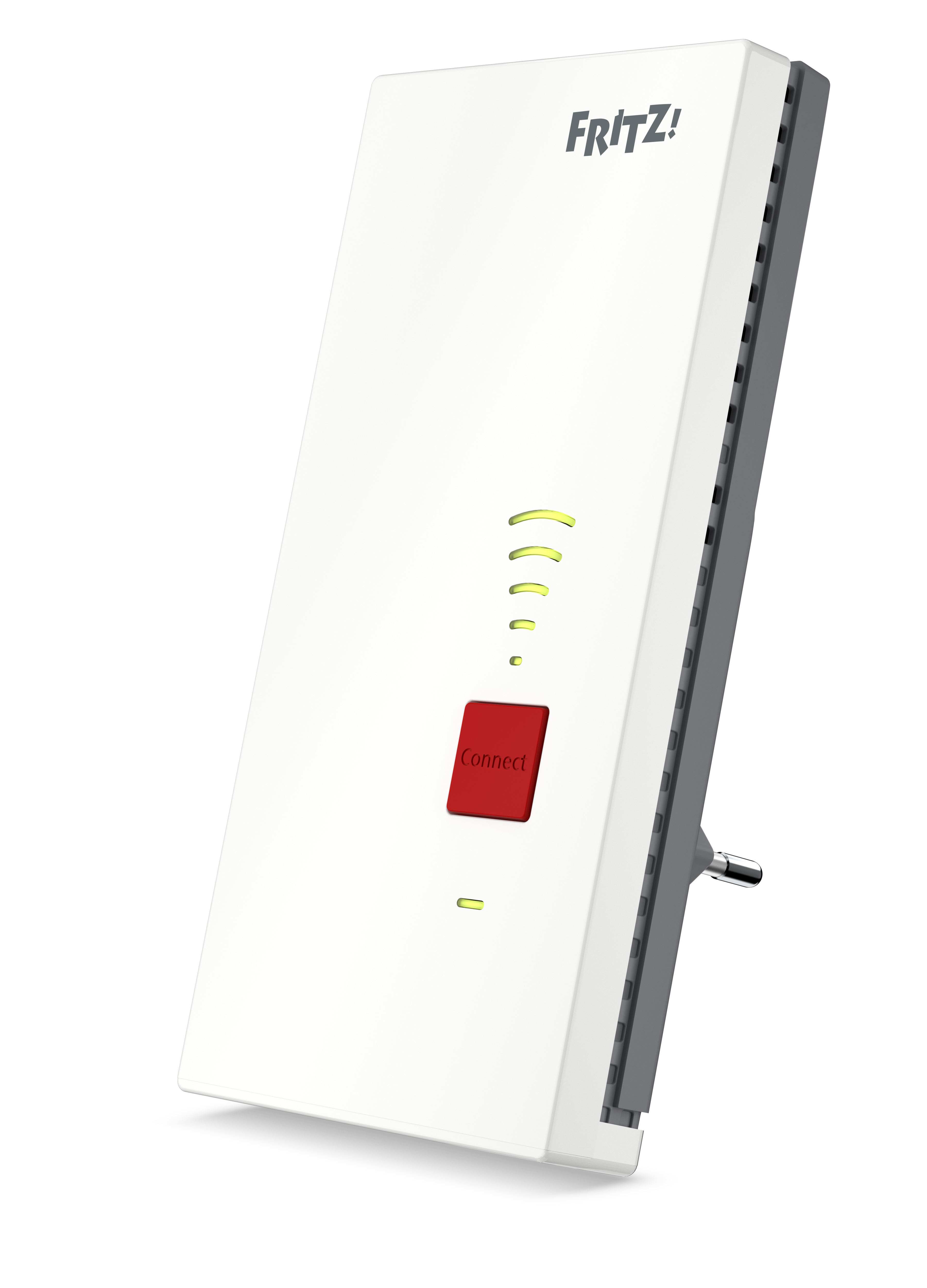 Weißer WLAN-Extender mit roter Taste und grünen Lichtern, schwarzer Hintergrund.