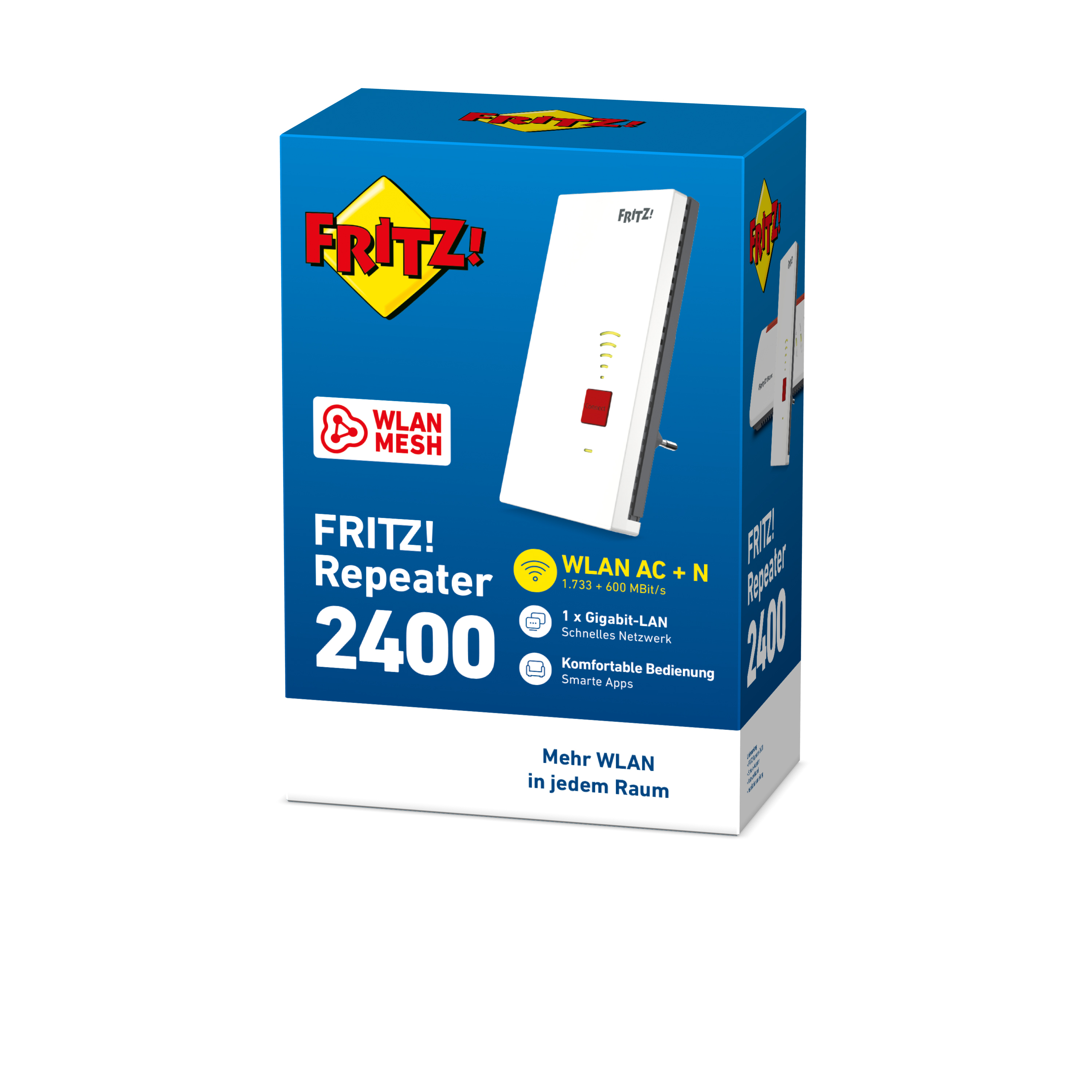 Eine weiß-blaue Box mit einem Router und Text.