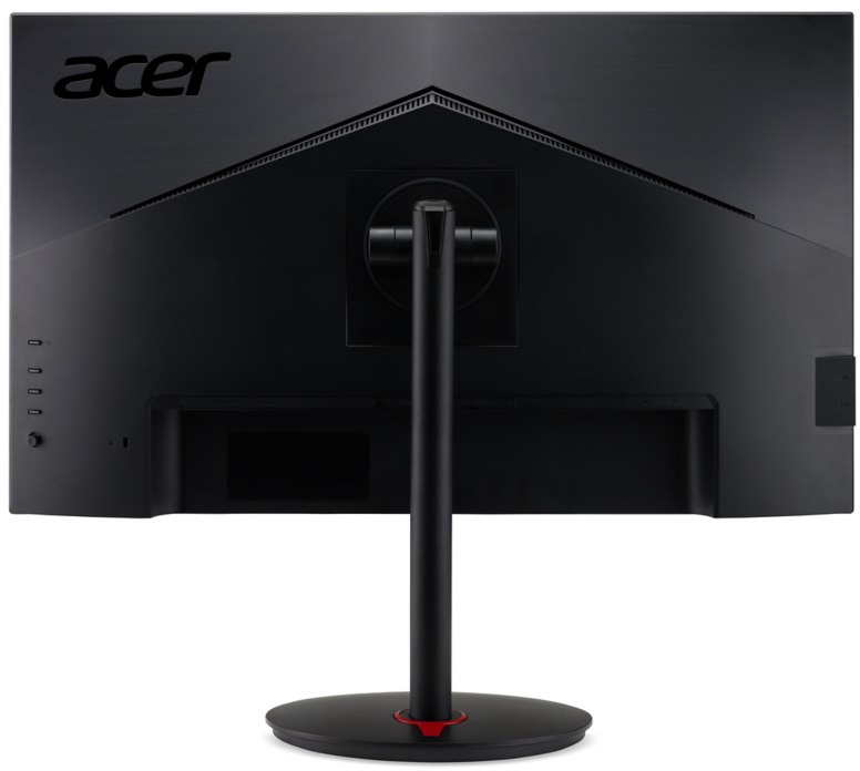 Fekete Acer monitor hátulnézete, állvánnyal és látható portokkal.