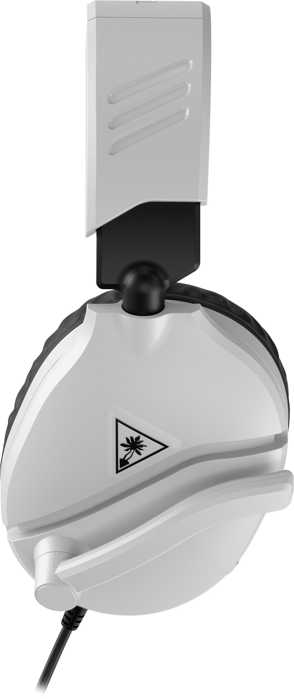 Weißes und schwarzes Gaming-Headset. Das Headset ist angewinkelt und zeigt Ohrmuscheln, Kopfband und Mikrofonanschluss.