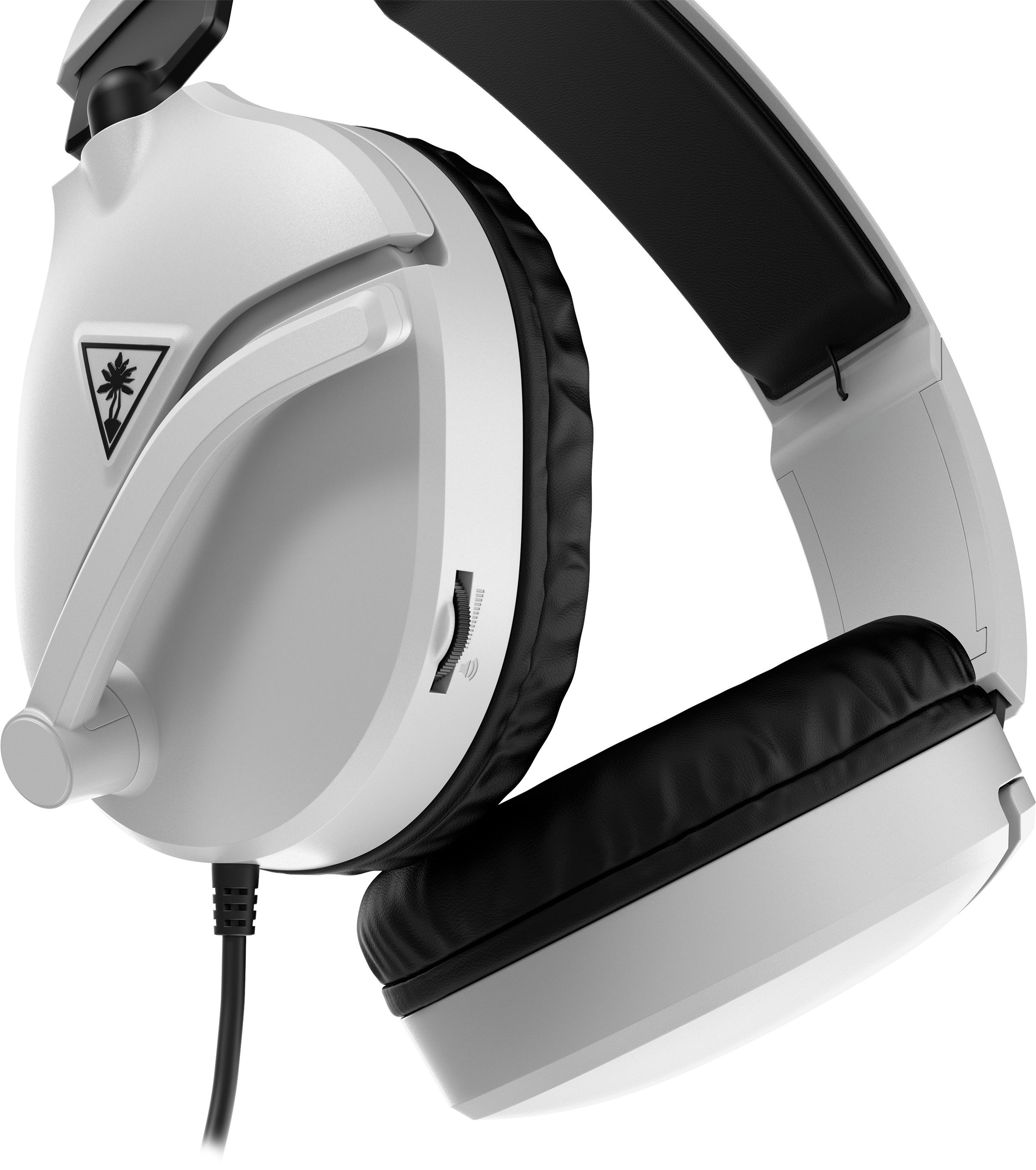 Weißes Gaming-Headset mit schwarzen Akzenten, Mikrofon und Lautstärkeregler.
