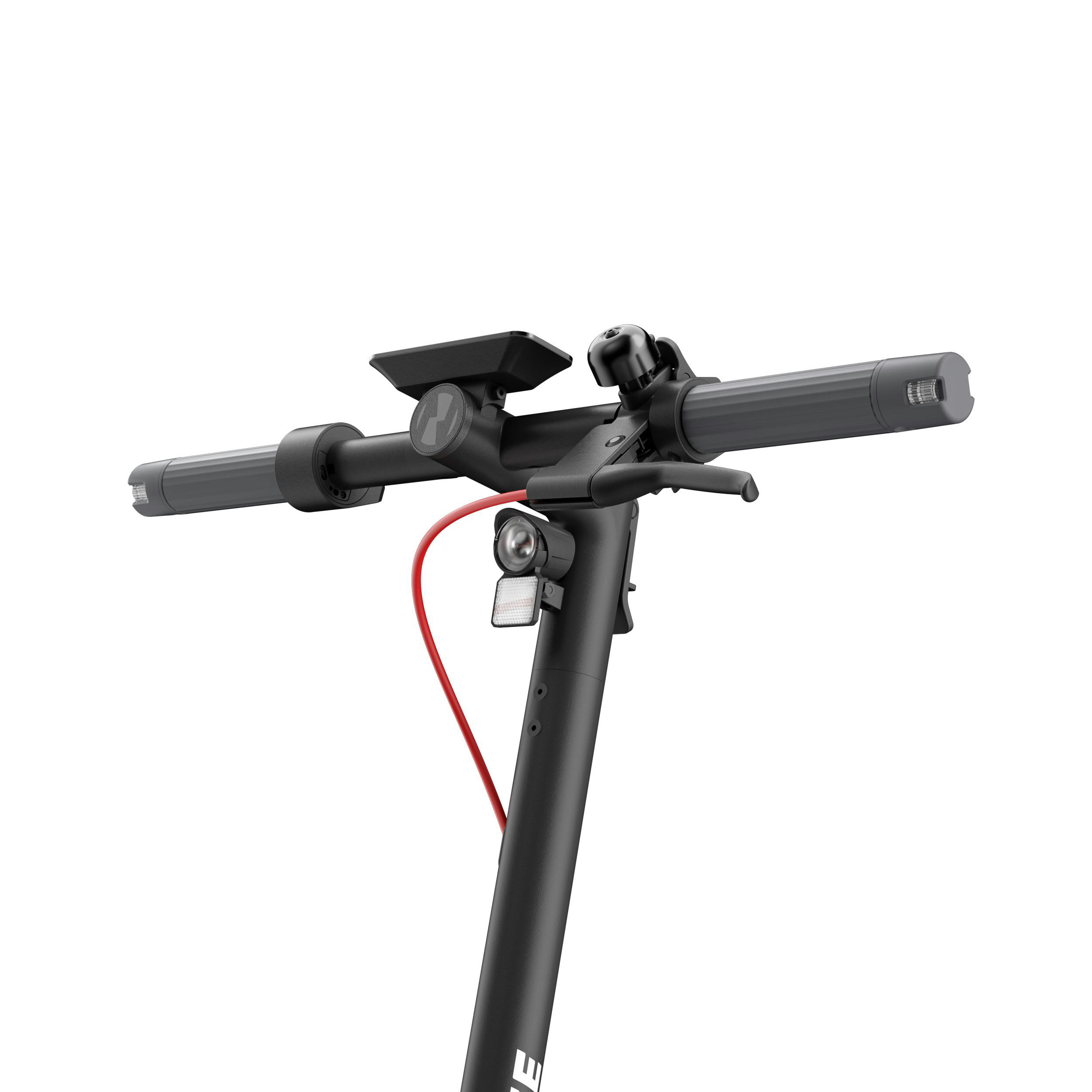 Rollerlenker mit Display und rotem Kabel, vor weißem Hintergrund.