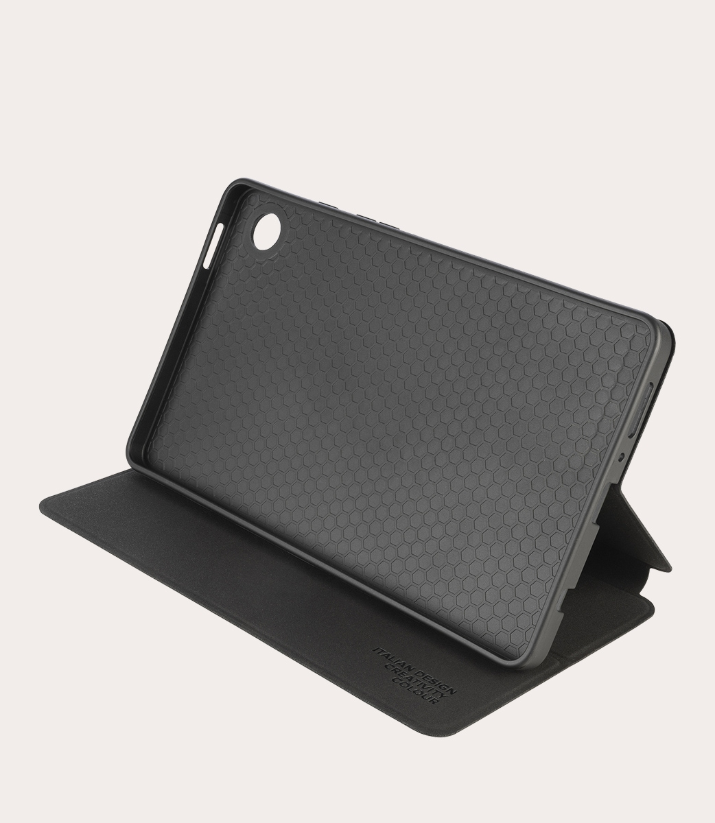 Schwarze Tablet-Hülle, offen, mit Innenstruktur.