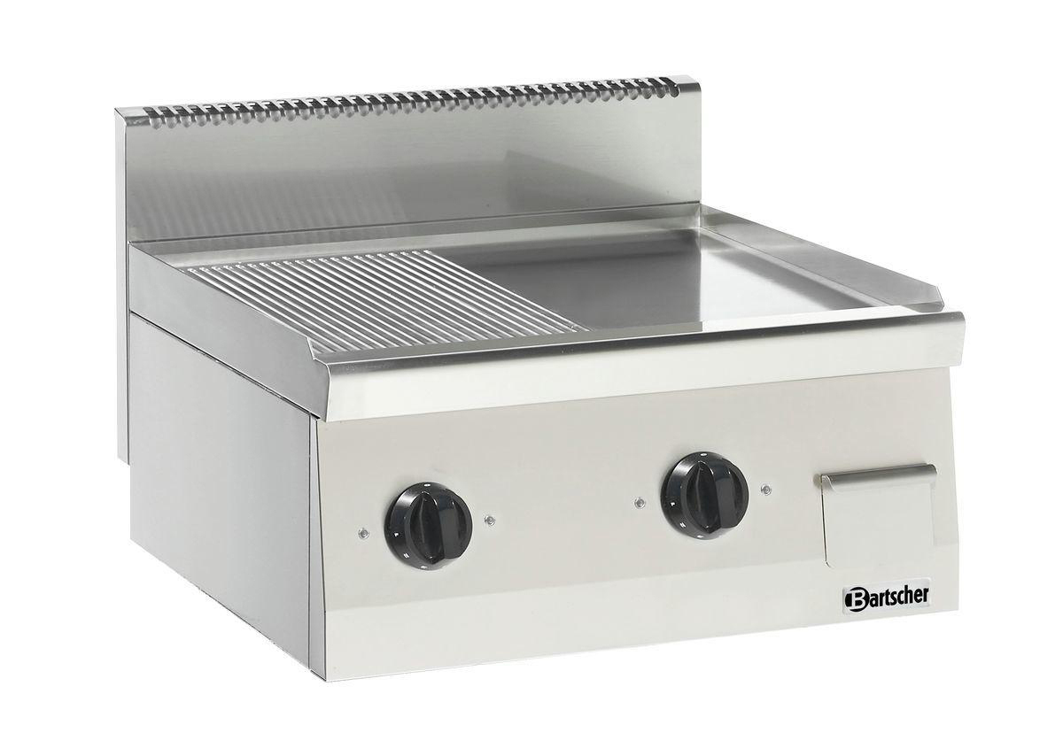 Edelstahl-Bartscher-Grillplatte mit zwei schwarzen Drehknöpfen und gerippten sowie glatten Bereichen.