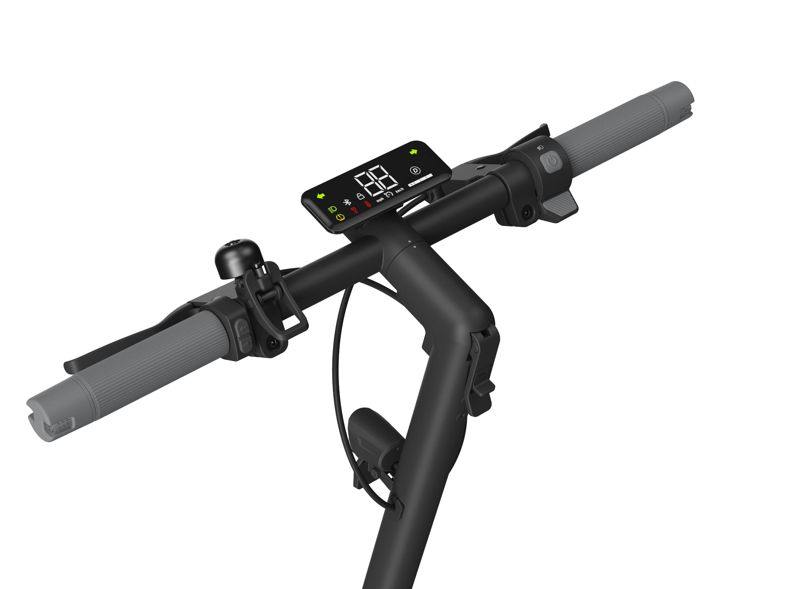 E-Scooter-Lenker mit Anzeige von Geschwindigkeit und Akku. Klingel und Griff sichtbar. Schwarz und Grau.