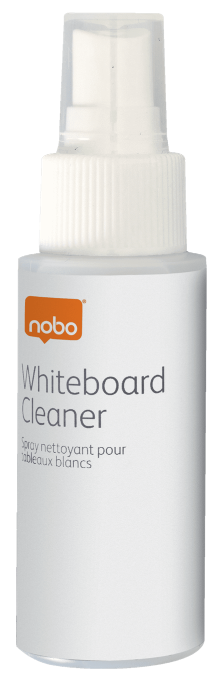 Nobo Whiteboard Cleaner spray palackja, fehér címkével és kupakkal.