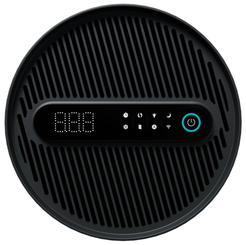 Fekete légtisztító elölnézete digitális kijelzővel és vezérlőgombokkal. A ventilátor rácsa látható.