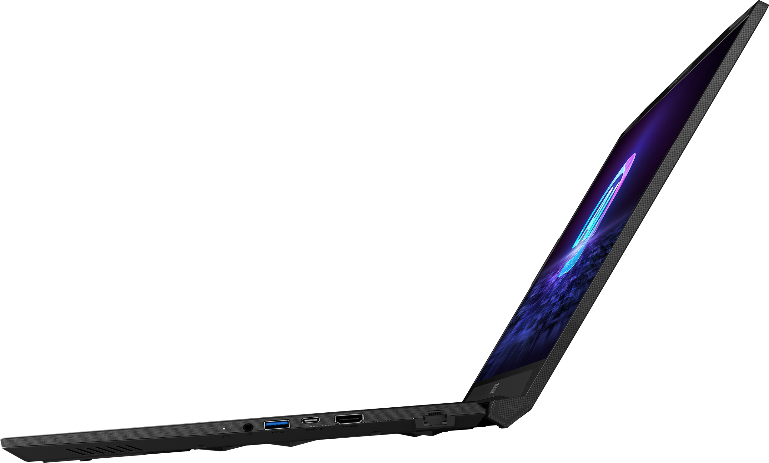 Laptop, Seitenansicht, schwarz. Bildschirm zeigt buntes, abstraktes Bild.