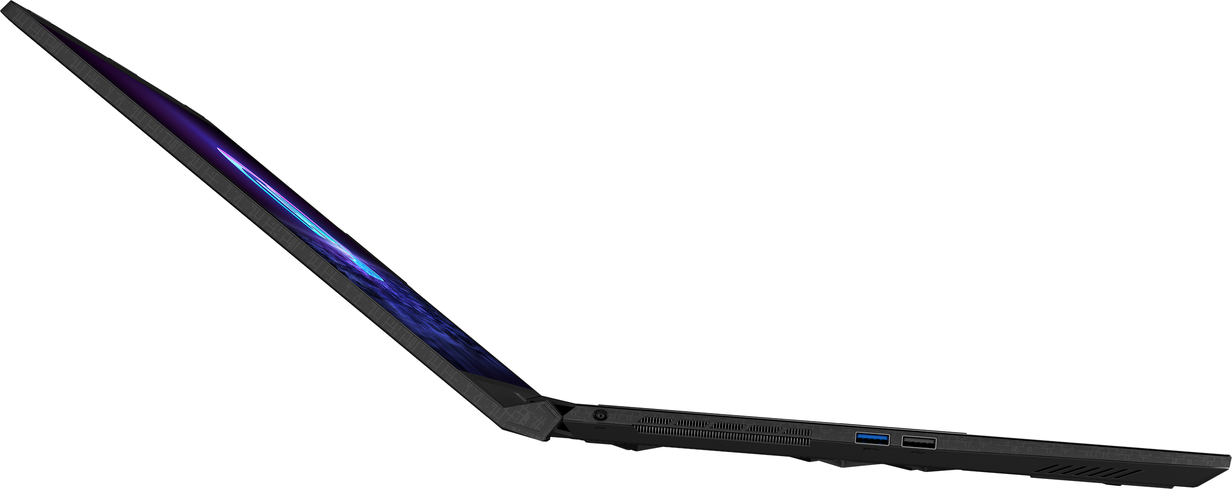 Ein Laptop, offen, mit beleuchtetem Bildschirm, vor schwarzem Hintergrund.