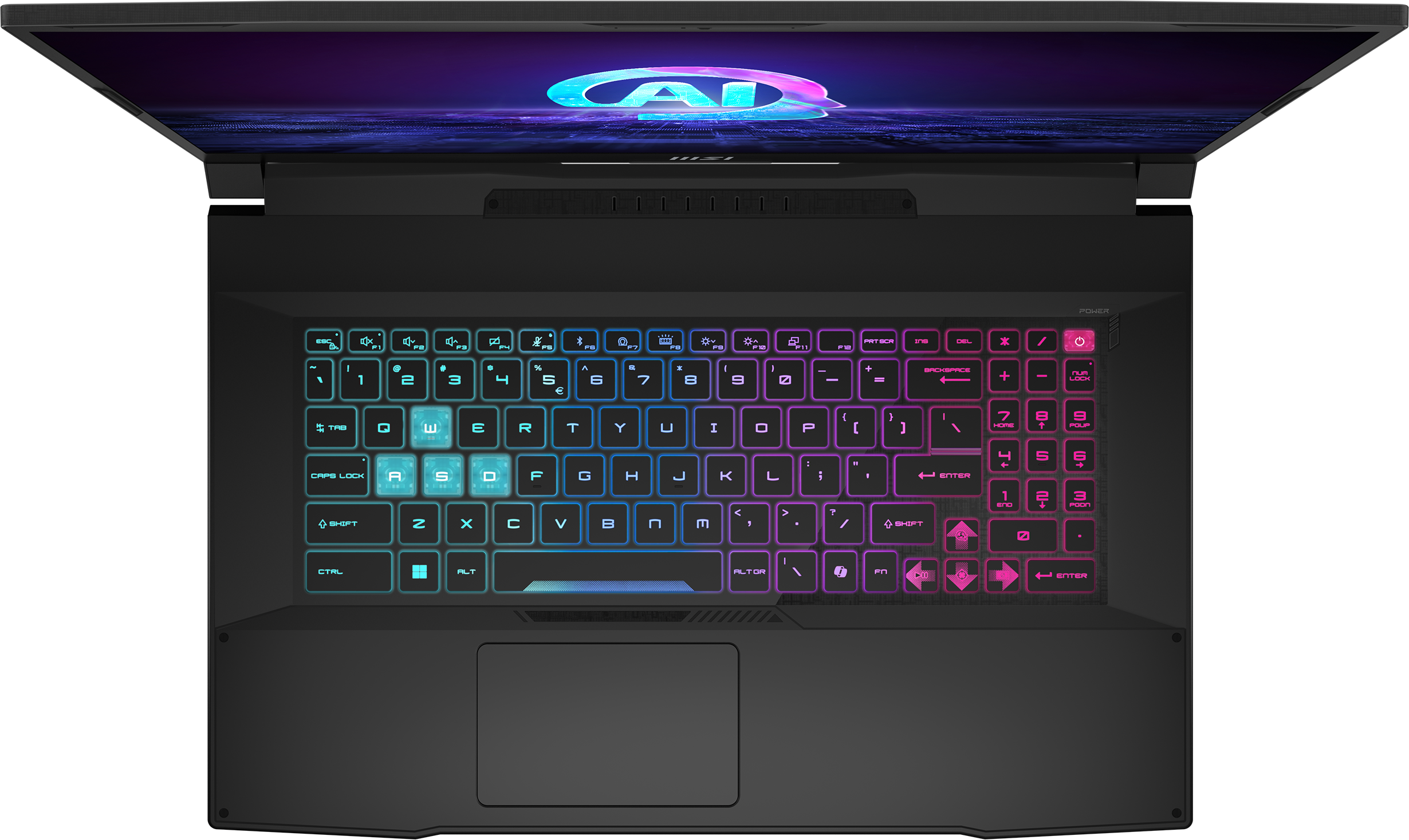 Eine schwarze Laptop-Tastatur mit farbenfrohem KI-Logo.