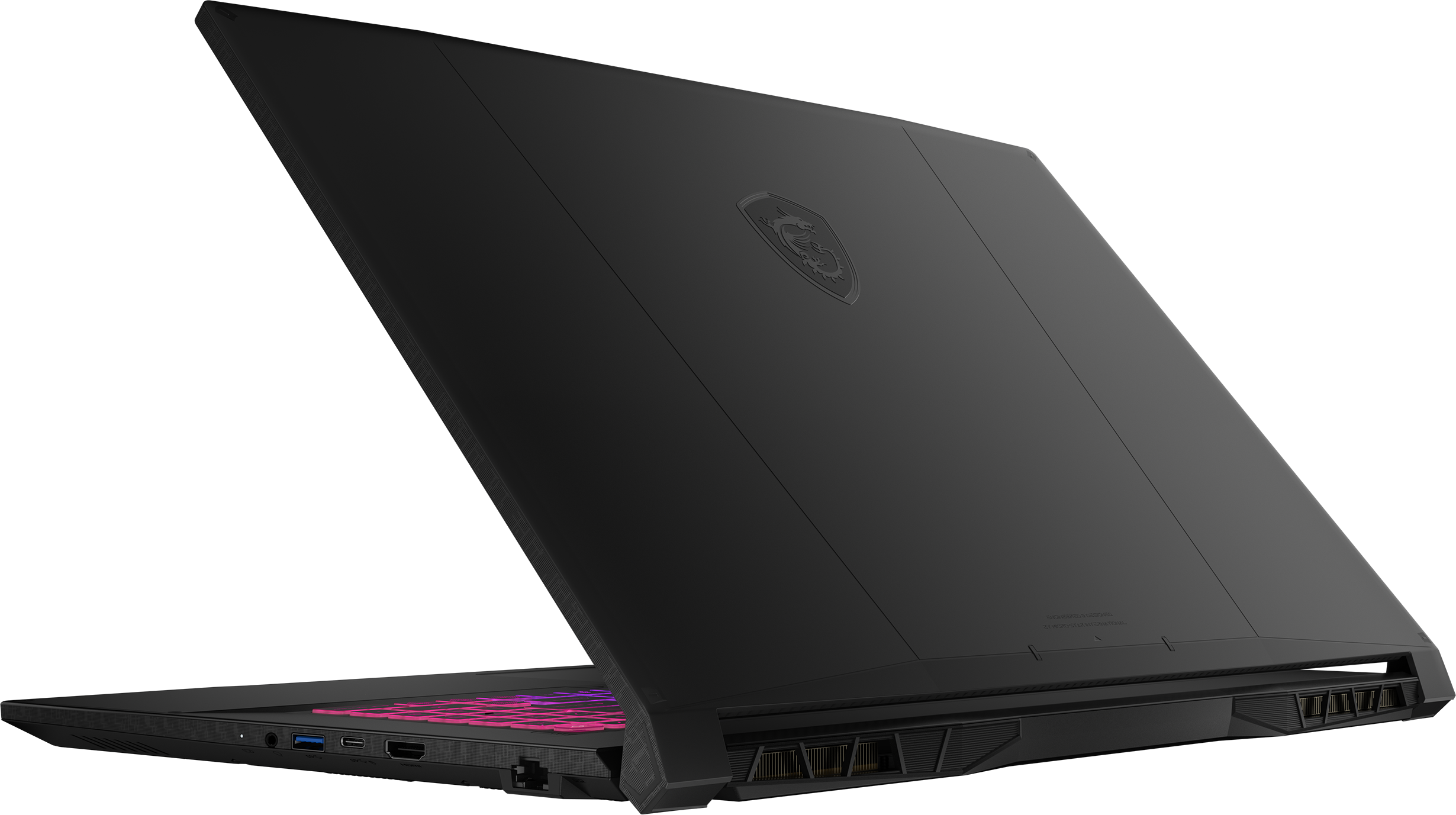 Schwarzer Laptop, Winkelansicht, Bildschirm geöffnet, Tastatur rosa-lila beleuchtet. Schwarzer Hintergrund.
