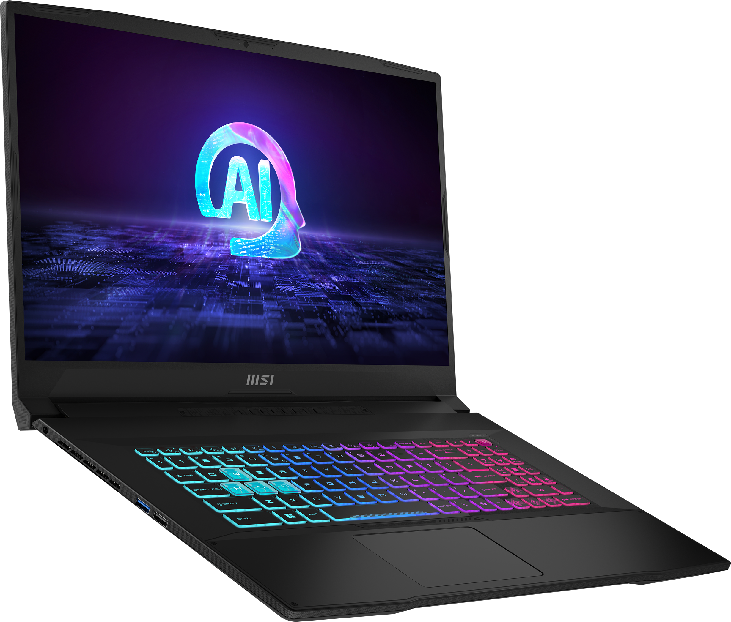 Schwarzer Laptop mit bunter Tastatur, zeigt ein KI-Logo auf dem Bildschirm.