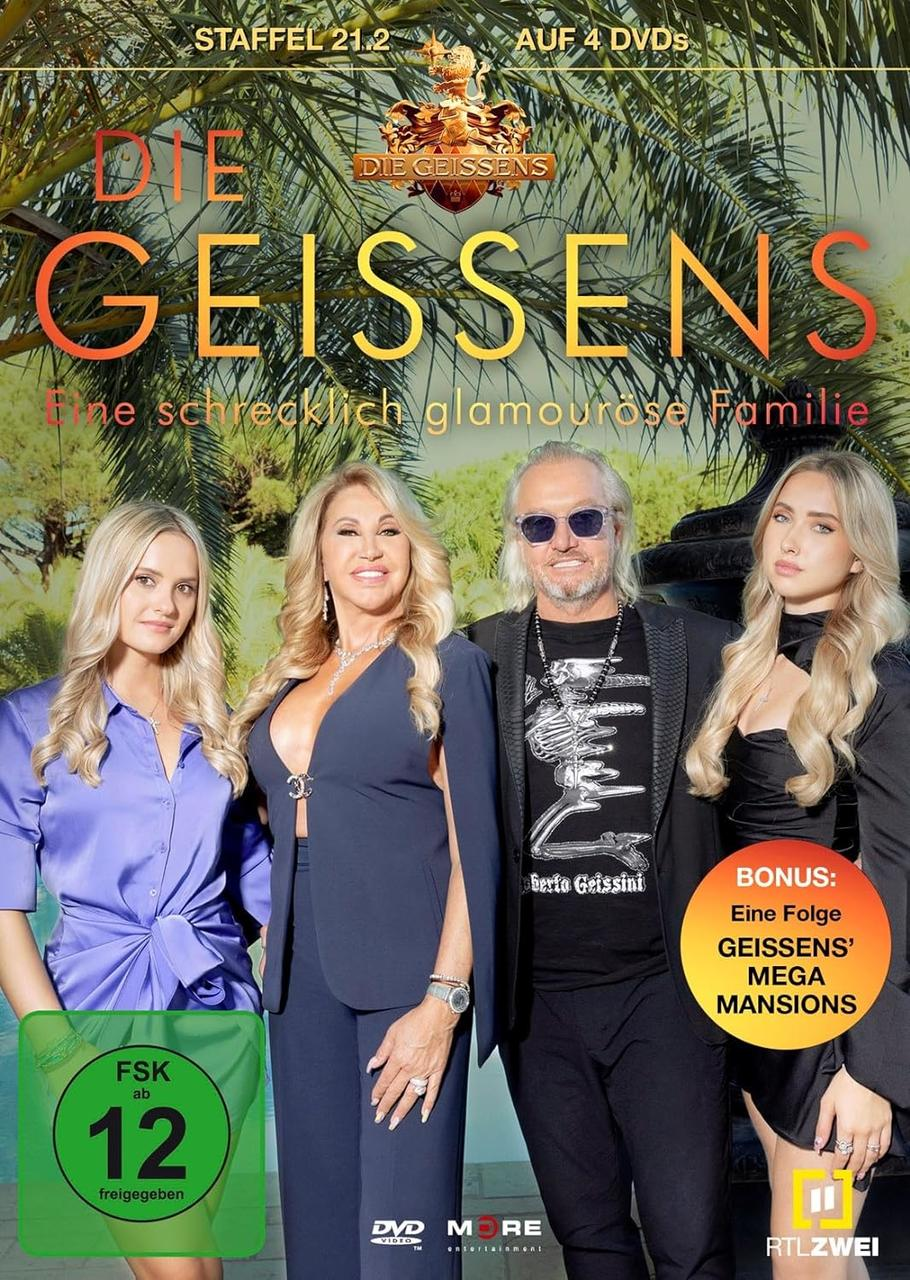Cover der 'Die Geissens' DVD, Familienporträt vor einer Villa, blonde Frauen und Mann.
