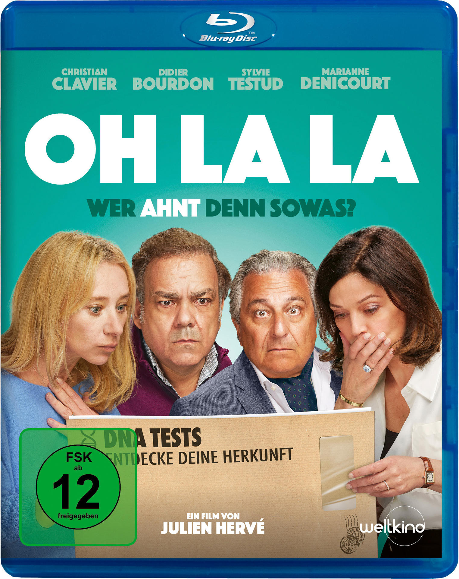 Filmcover mit vier Personen. Text: Oh La La. Die Personen schauen sich einen DNA-Test an.