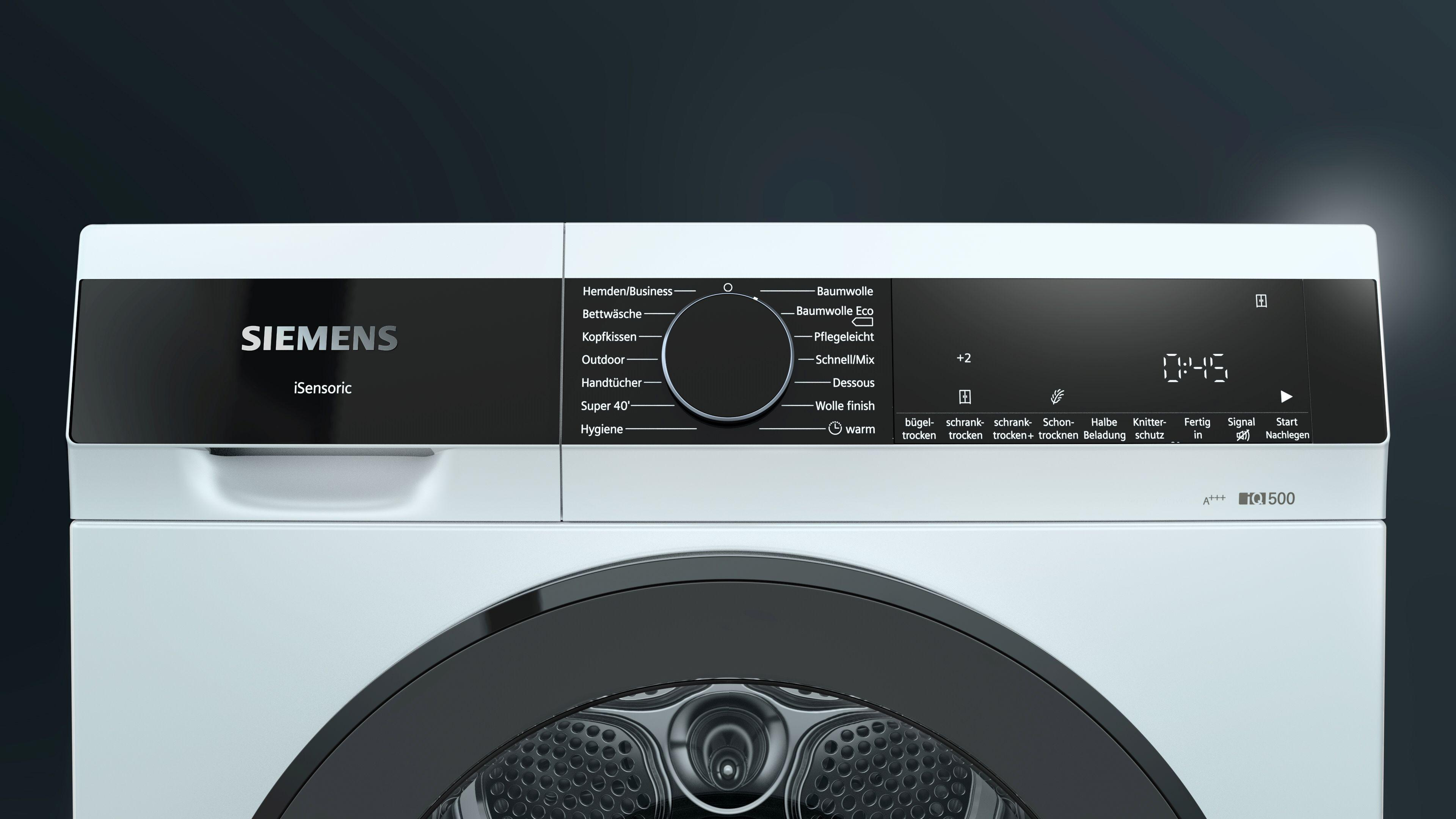 Das Bedienfeld einer Siemens Waschmaschine, Nahaufnahme.
