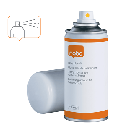 Fehértábla-tisztító spray palackja fehér háttérrel.