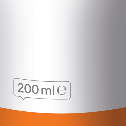 Fehér és narancssárga címke, melyen a '200 ml e' látható egy buborékban.