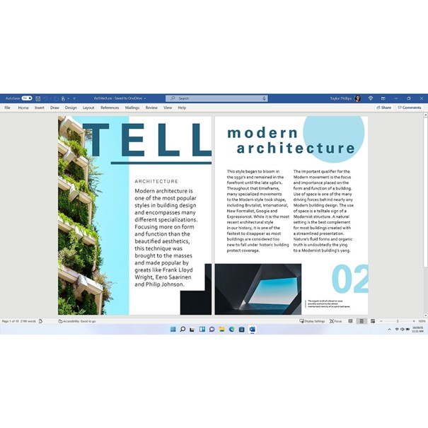 Een computerscherm met een document over moderne architectuur.