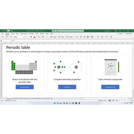 Schermafbeelding van een spreadsheet met het periodiek systeem, zoekbalk en links voor elementen en verbindingen.