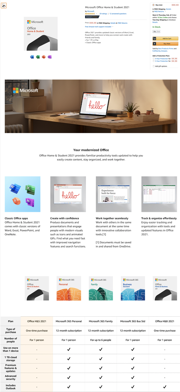 Microsoft Office advertentie met laptop, apps en abonnementsdetails.