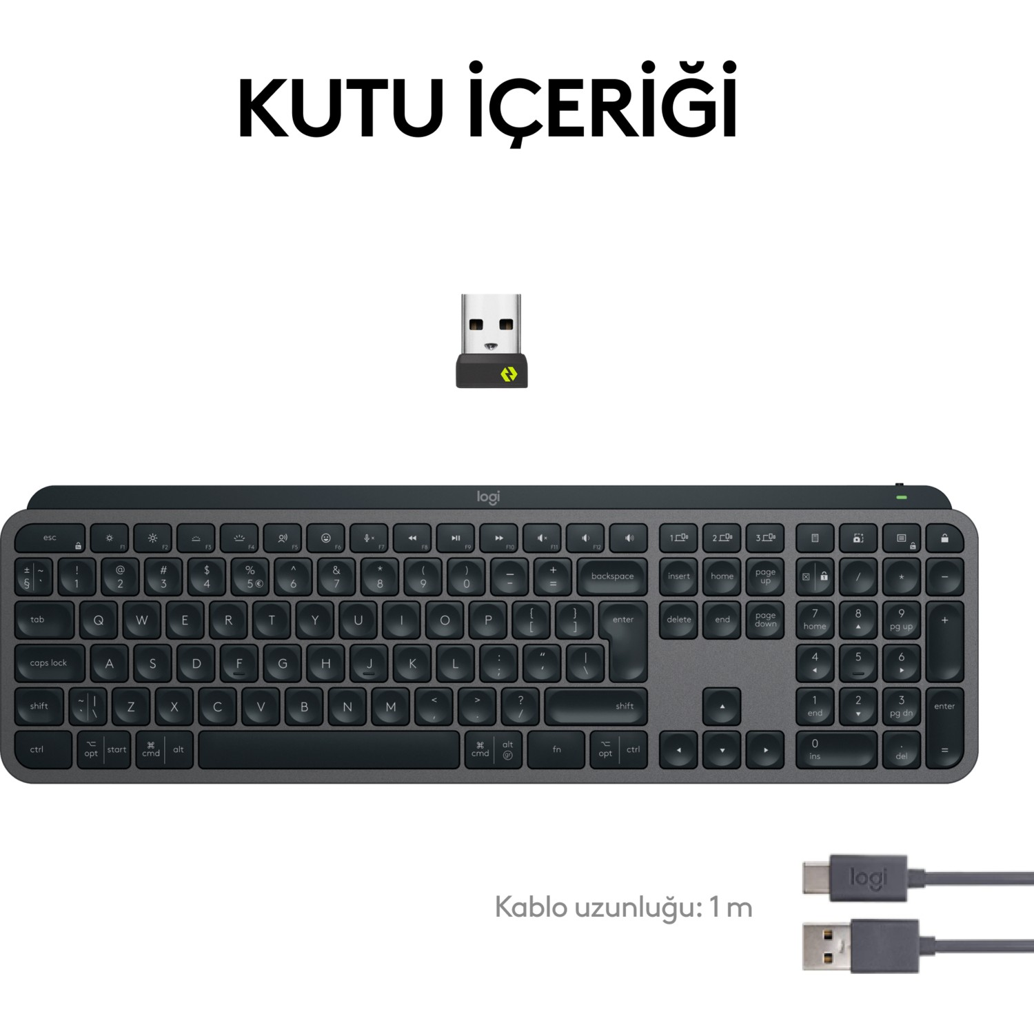 USB alıcılı ve USB-C kablolu klavye.