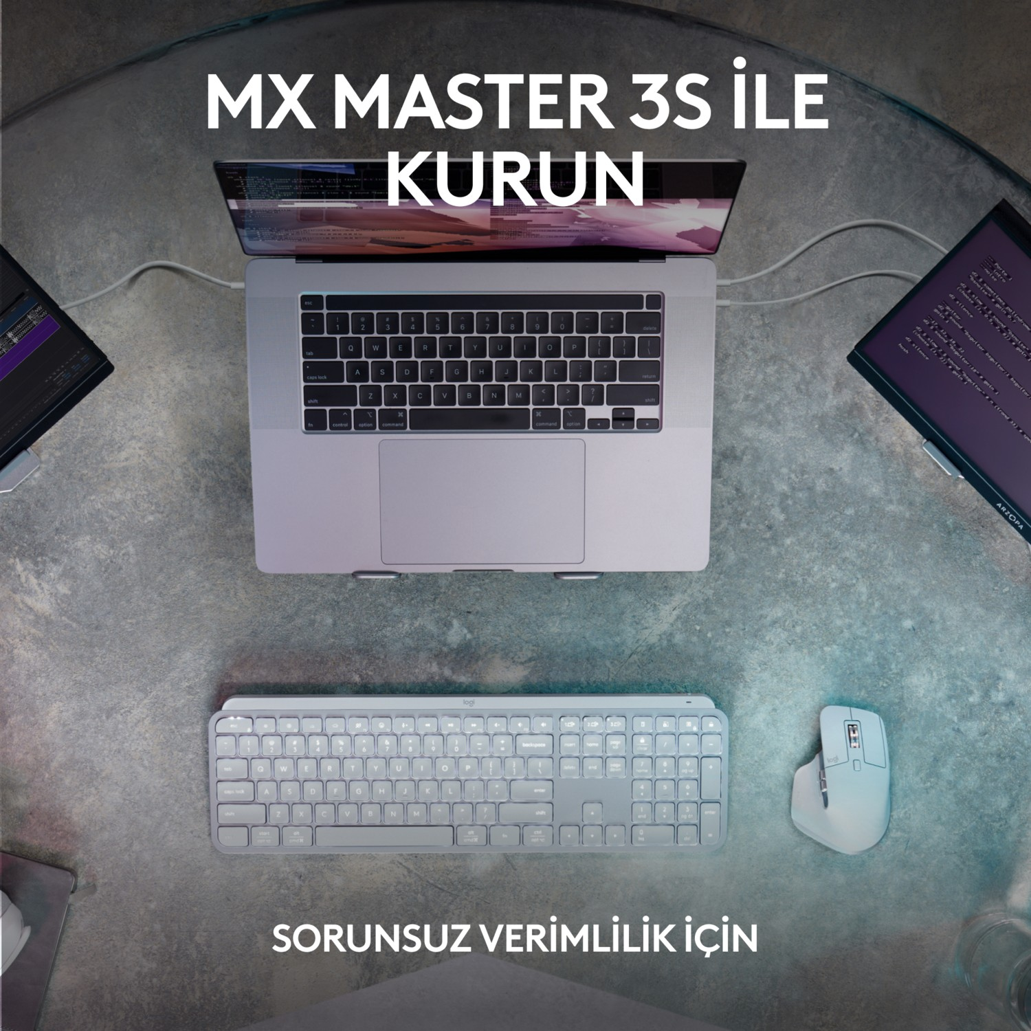 Cam bir masa üzerinde bir dizüstü bilgisayar, klavye ve fare. Metin 'MX MASTER 3S' ve 'Kesintisiz verimlilik için' diyor.