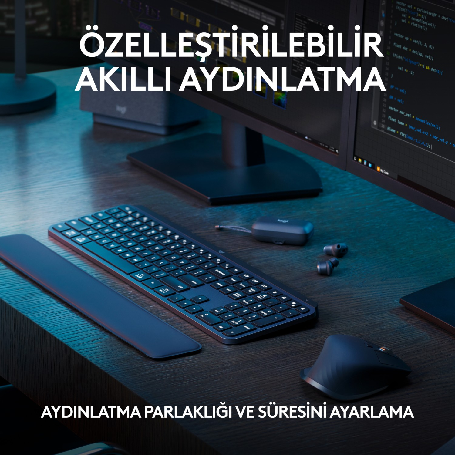Ahşap bir masada klavye, fare ve aksesuarlar, metin: ÖZELLEŞTİRİLEBİLİR AKILLI AYDINLATMA.