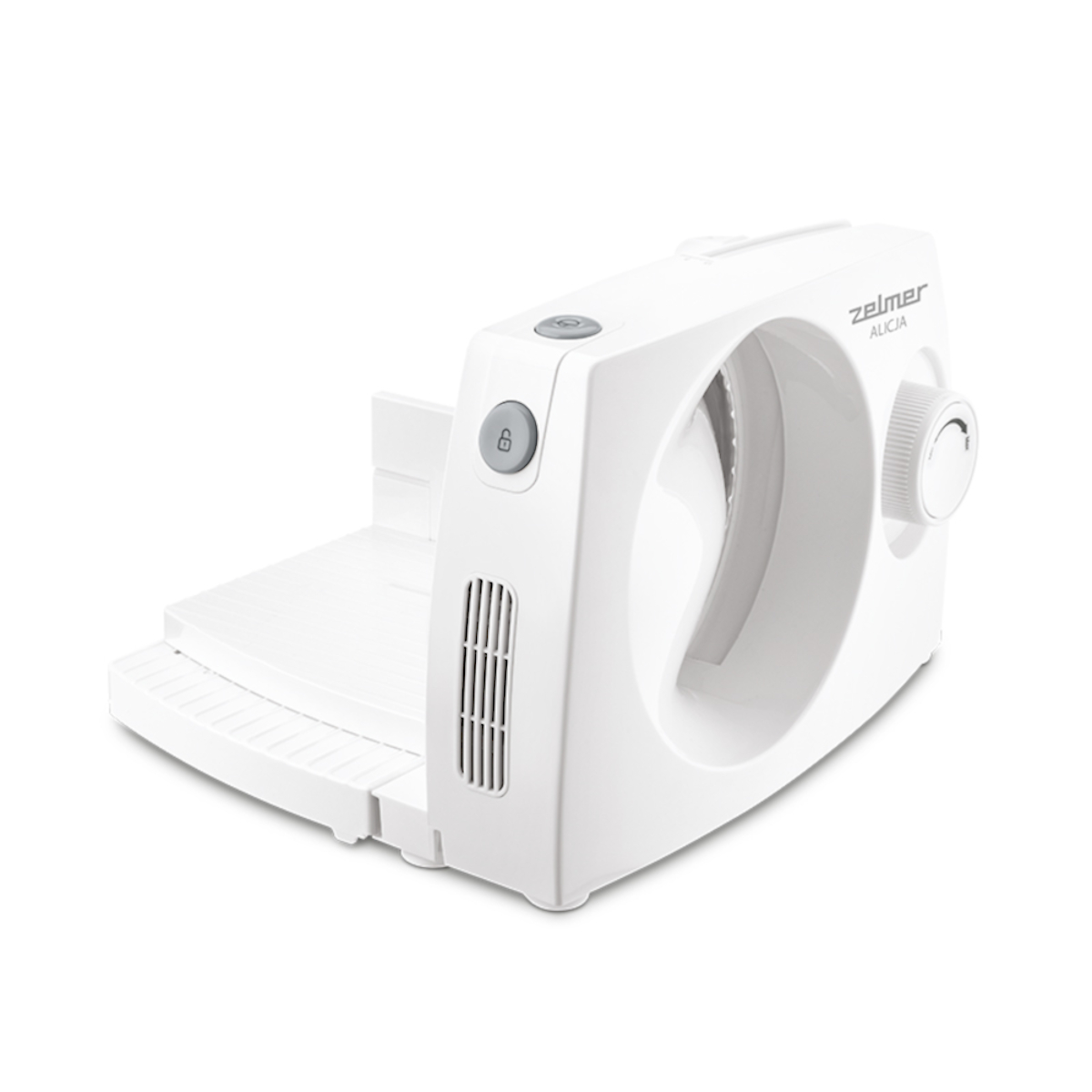 Biała krajalnica do żywności, z osłoną ostrza i pokrętłem, na białej powierzchni, z przezroczystym tłem.