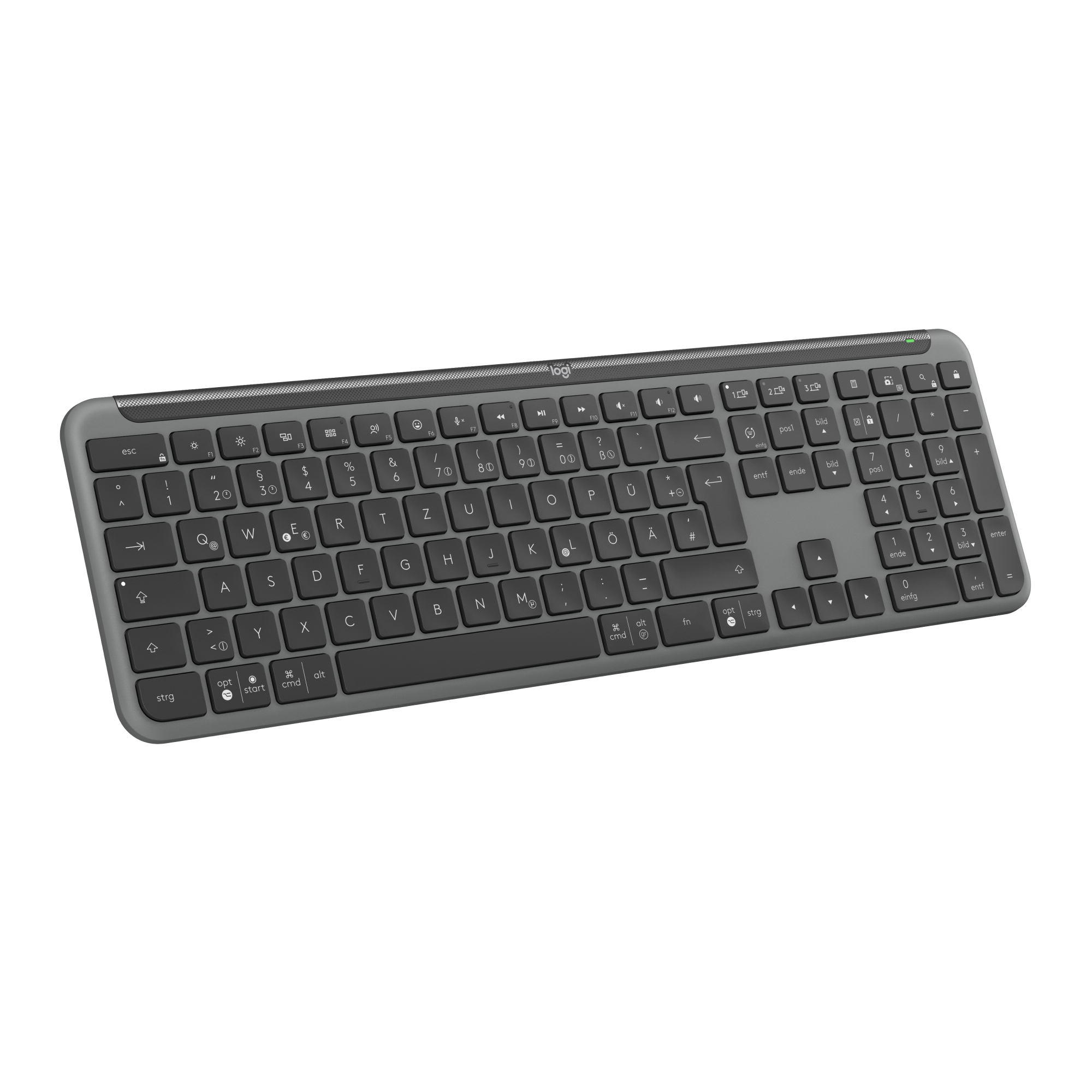 Eine graue Tastatur mit dunklen Tasten, weißem Hintergrund und Logo.
