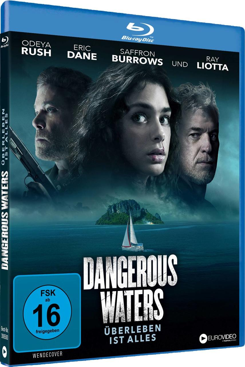 Blu-ray-Cover von 'Dangerous Waters' mit drei Personen und einem Segelboot auf dem Meer.