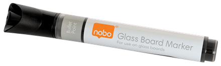 Nobo üvegtábla marker, fehér test, fekete hegy, ferdén sötét felületen.