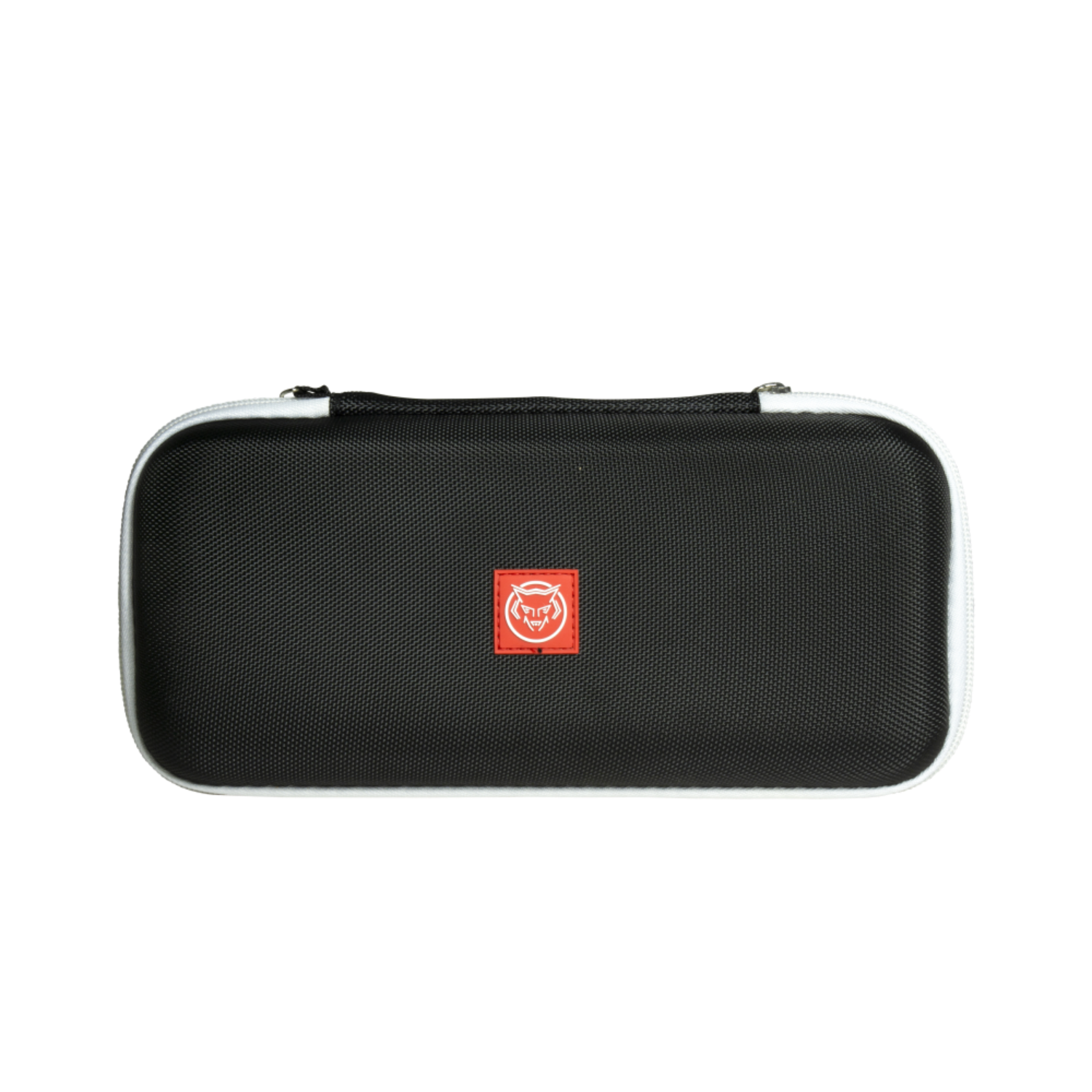 Black rectangular case with a white border, red logo, on black background.