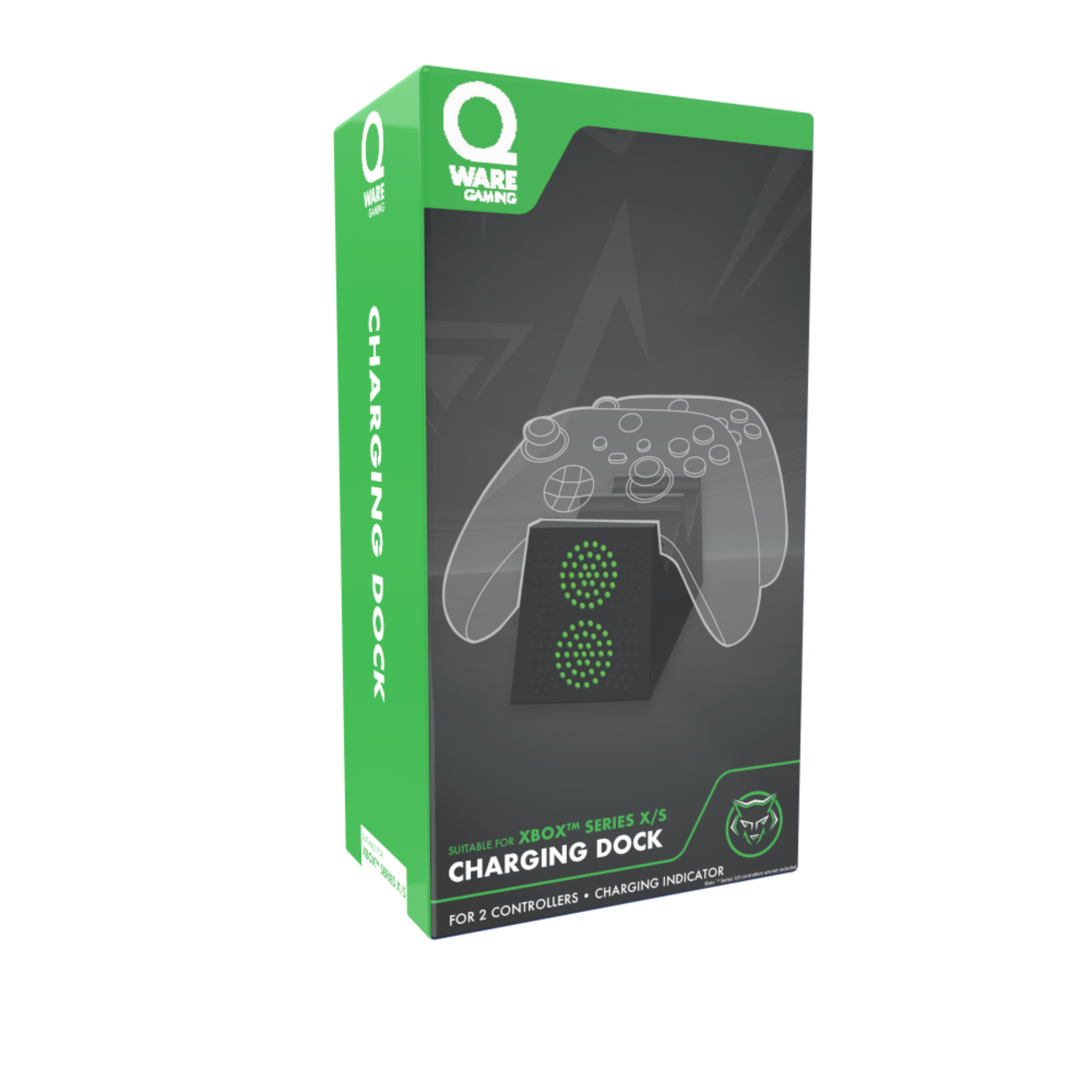 Een groene en zwarte oplaadstationbox voor Xbox-controllers.