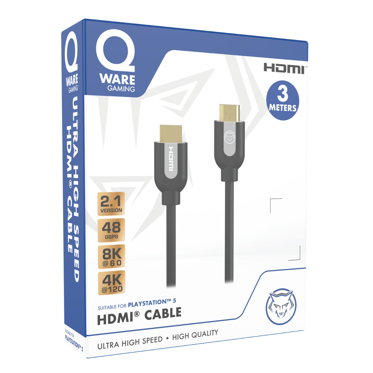 Een productdoos van een zwarte HDMI-kabel met de merknaam en specificaties op de doos.