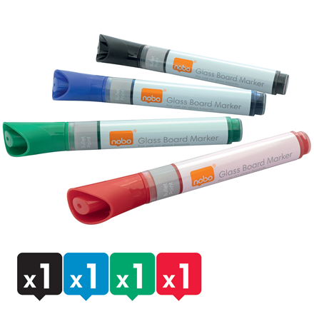 Négy üvegtábla marker: fekete, kék, zöld és piros.