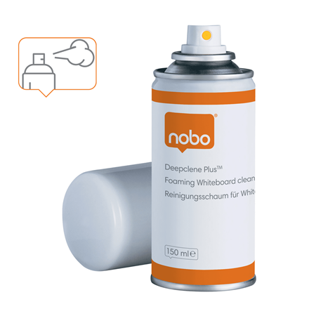 Fehér Nobo whiteboard tisztító spray, kis spray illusztrációval.
