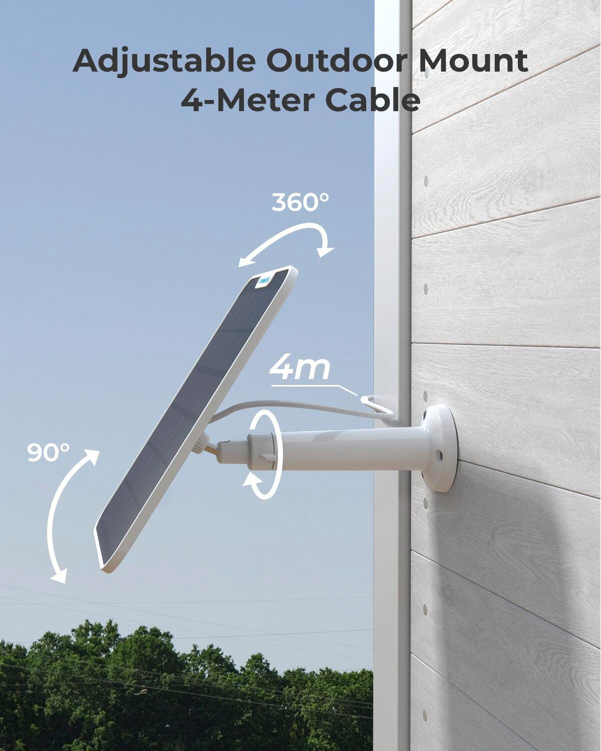 Ein an einer Wand montiertes Solarpanel mit einstellbaren Winkeln und einem 4-Meter-Kabel.